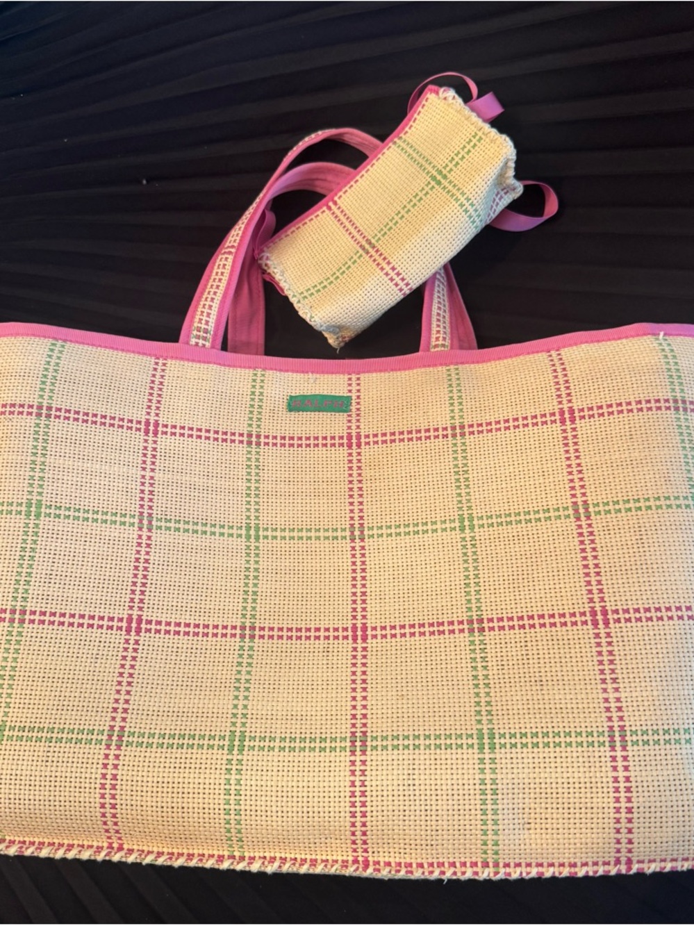 Ralph Lauren Pink-Trim Woven Plaid Basket Tote with Detachable Pouch
